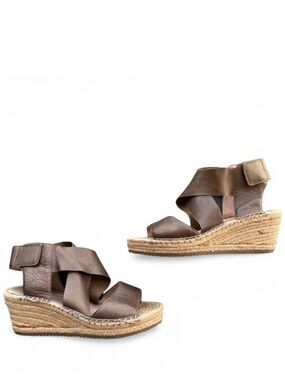 Eileen Fisher Willow Metallic Sandals Brown Tumbled Leather Wedge Espadrille